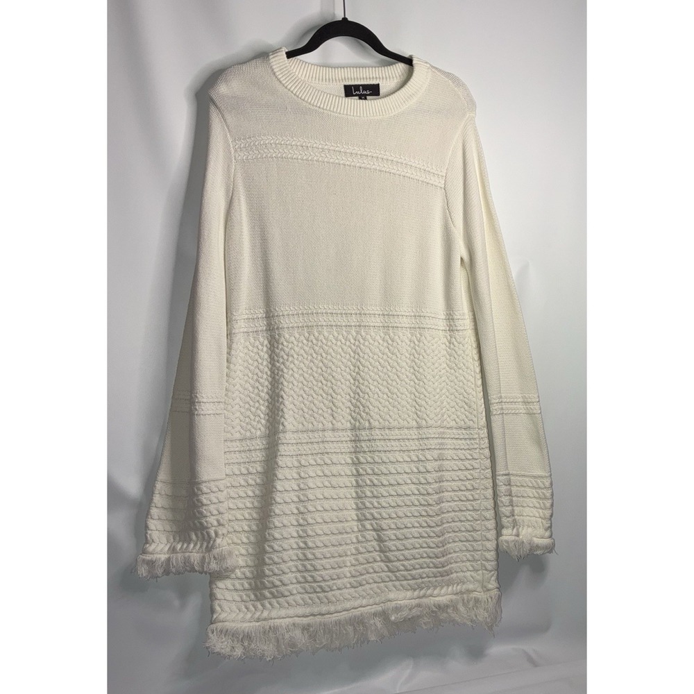 Lulu's Sweater Dress Womens Medium White Cable Knit Fringe Ambitious Attitude